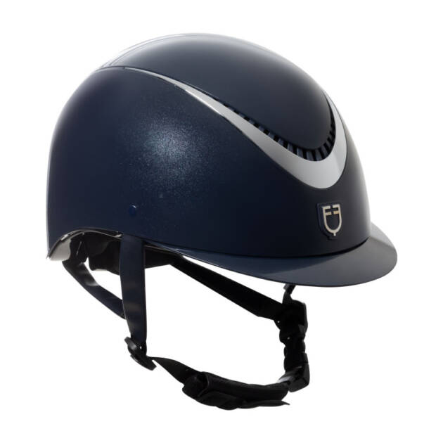 Capacete brilhante, tira em couro ecológico, viseira estreita, homologação EN 1384-2023