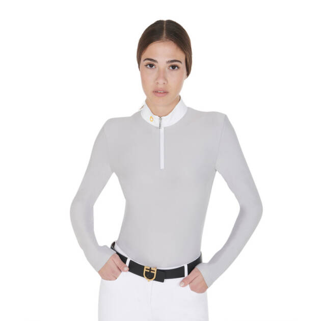 Polo feminino de manga longa em tecido técnico felpado