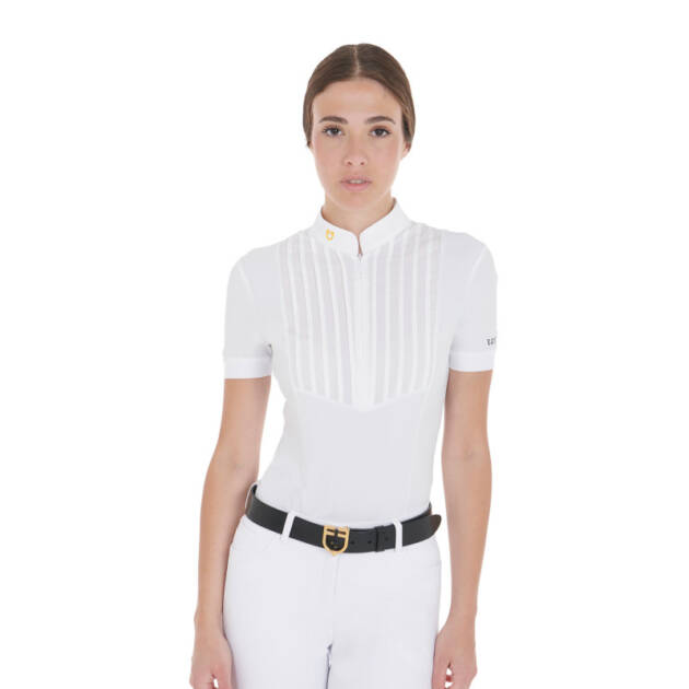 Polo feminino slim fit de algodão plissado