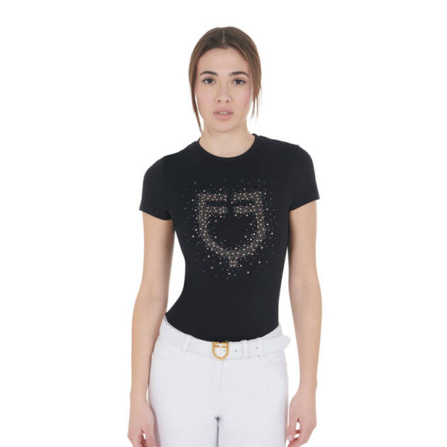 Camiseta feminina slim fit com logo de strass rosa