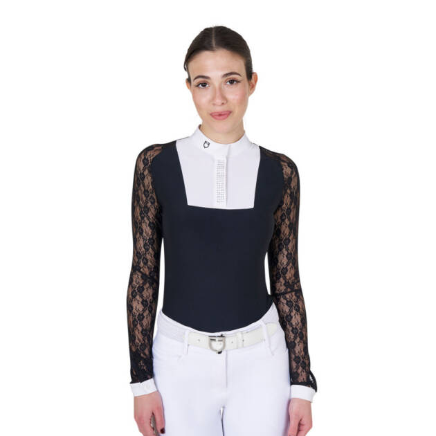 Camisa polo de competição de renda da coleção Black Label feminina de manga longa com botões