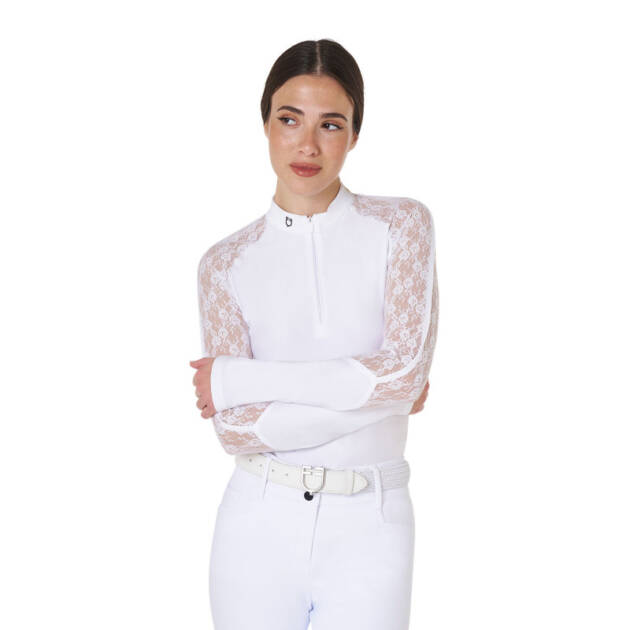 Camisa polo feminina Black Label Training de manga longa com zíper e renda