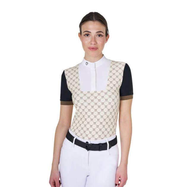 Camiseta polo feminina de competição com estampa monograma e zíper curto