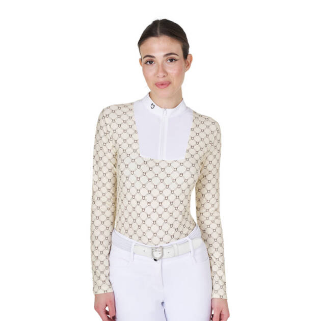 Camisa polo feminina de competição com estampa de monograma e zíper de manga longa