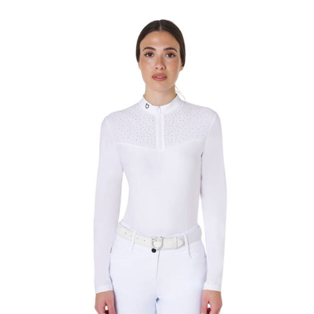 Camisa polo de competição Black Label feminina com strass e zíper de manga longa