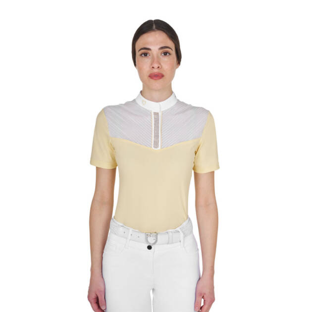 Polo feminino slim fit com inserções em tecido tipo seda
