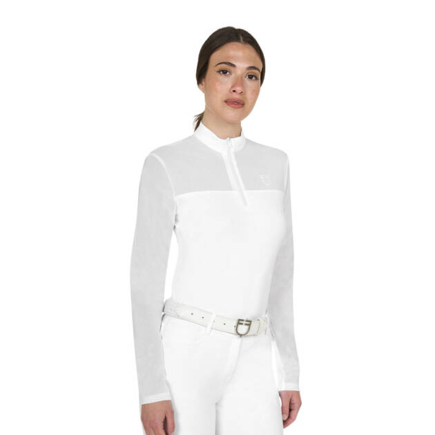 Polo feminino de manga longa com detalhes em micro mesh