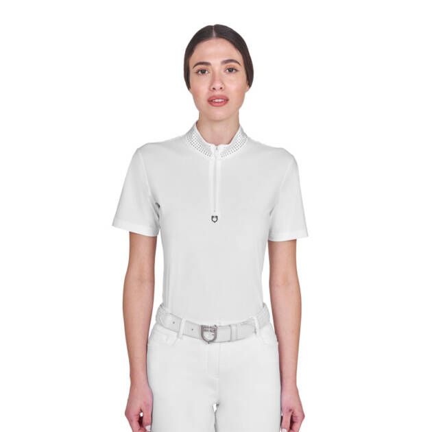 Polo de treino feminino slim fit com zíper e strass na gola