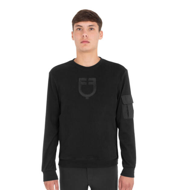 Sweatshirt masculina de gola redonda em fleece com bolso lateral