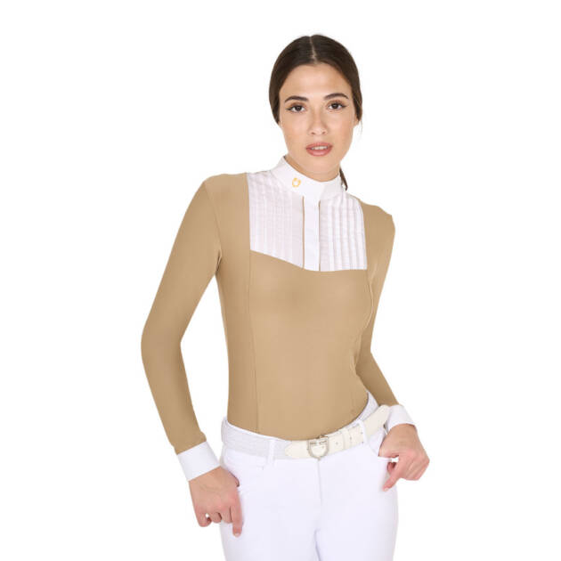 Polo feminino slim fit com algodão plissado