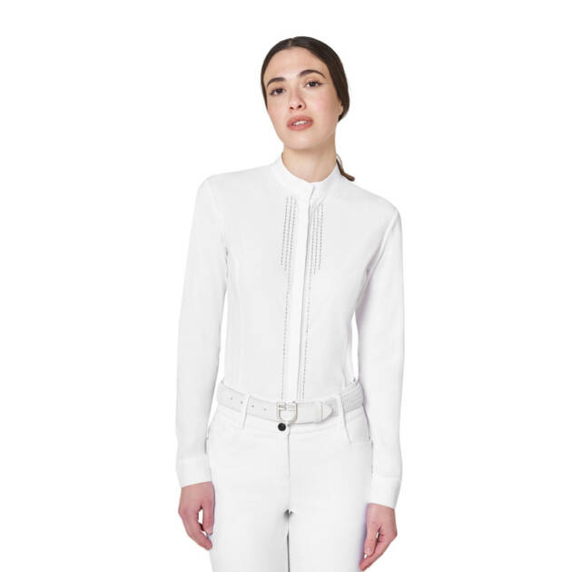 Polo de concurso feminina estilo camisa com strass