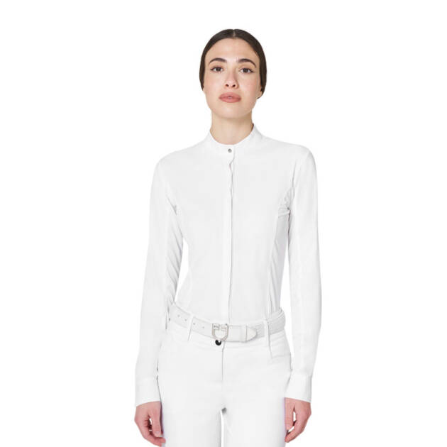 Polo de concurso feminina tipo camisa com inserções em mesh