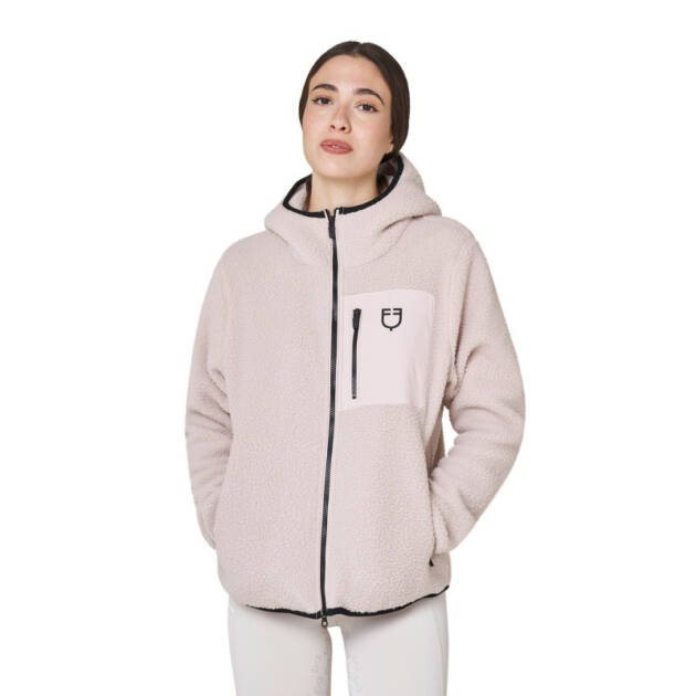 Moletom feminino em fleece teddy com capuz e zíper