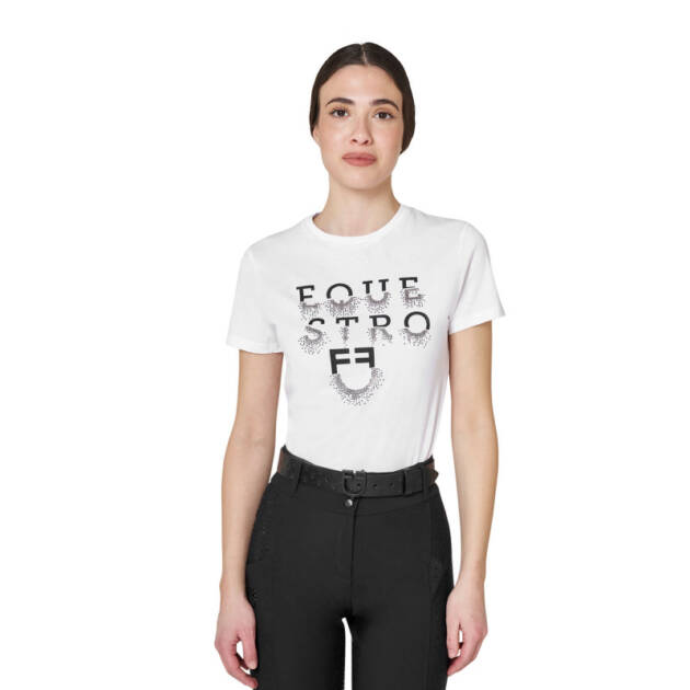 Camiseta feminina com logotipo e escrita em strass